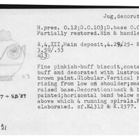 Index card with typed and handwritten information, sometimes including a sketch, of pottery from an excavation.
