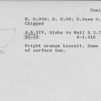 Index card with typed and handwritten information, sometimes including a sketch, of pottery from an excavation.