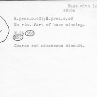Index card with typed and handwritten information, sometimes including a sketch, of pottery from an excavation.