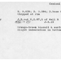 Index card with typed and handwritten information, sometimes including a sketch, of pottery from an excavation.