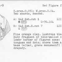 Index card with typed and handwritten information, sometimes including a sketch, of pottery from an excavation.