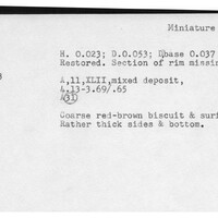 Index card with typed and handwritten information, sometimes including a sketch, of pottery from an excavation.