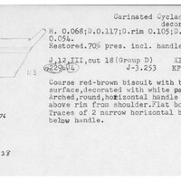 Index card with typed and handwritten information, sometimes including a sketch, of pottery from an excavation.