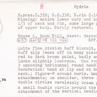 Index card with typed and handwritten information, sometimes including a sketch, of pottery from an excavation.