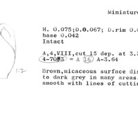 Index card with typed and handwritten information, sometimes including a sketch, of pottery from an excavation.