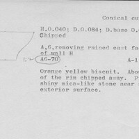 Index card with typed and handwritten information, sometimes including a sketch, of pottery from an excavation.