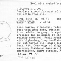 Index card with typed and handwritten information, sometimes including a sketch, of pottery from an excavation.