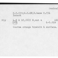 Index card with typed and handwritten information, sometimes including a sketch, of pottery from an excavation.