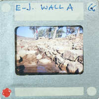 A photograph of a stone wall with trees, taken by EJ Wall on film.