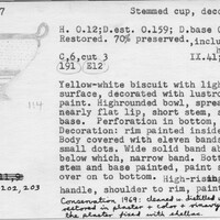 Index card with typed and handwritten information, sometimes including a sketch, of pottery from an excavation.