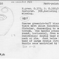 Index card with typed and handwritten information, sometimes including a sketch, of pottery from an excavation.
