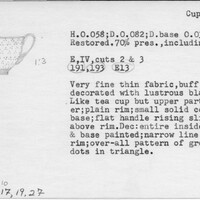 Index card with typed and handwritten information, sometimes including a sketch, of pottery from an excavation.