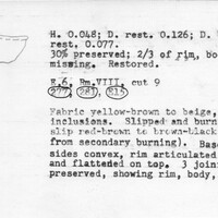 Index card with typed and handwritten information, sometimes including a sketch, of pottery from an excavation.