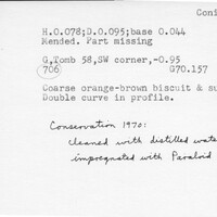 Index card with typed and handwritten information, sometimes including a sketch, of pottery from an excavation.