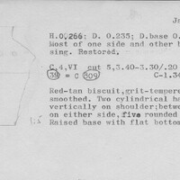 Index card with typed and handwritten information, sometimes including a sketch, of pottery from an excavation.