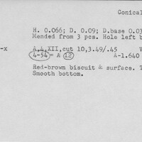 Index card with typed and handwritten information, sometimes including a sketch, of pottery from an excavation.
