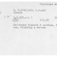 Index card with typed and handwritten information, sometimes including a sketch, of pottery from an excavation.