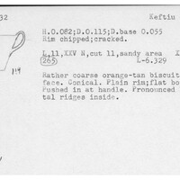 Index card with typed and handwritten information, sometimes including a sketch, of pottery from an excavation.