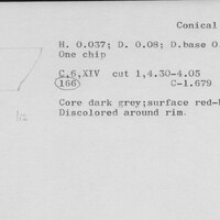 Index card with typed and handwritten information, sometimes including a sketch, of pottery from an excavation.