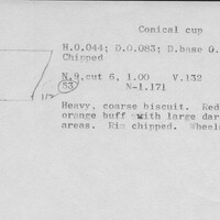 Index card with typed and handwritten information, sometimes including a sketch, of pottery from an excavation.