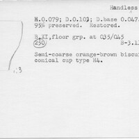 Index card with typed and handwritten information, sometimes including a sketch, of pottery from an excavation.