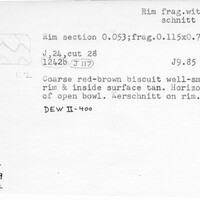 Index card with typed and handwritten information, sometimes including a sketch, of pottery from an excavation.