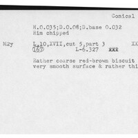 Index card with typed and handwritten information, sometimes including a sketch, of pottery from an excavation.