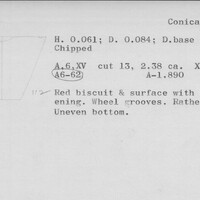 Index card with typed and handwritten information, sometimes including a sketch, of pottery from an excavation.