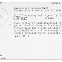 Index card with typed and handwritten information, sometimes including a sketch, of pottery from an excavation.