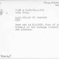 Index card with typed and handwritten information, sometimes including a sketch, of pottery from an excavation.