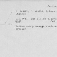 Index card with typed and handwritten information, sometimes including a sketch, of pottery from an excavation.