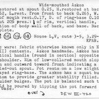 Index card with typed and handwritten information, sometimes including a sketch, of pottery from an excavation.