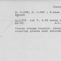 Index card with typed and handwritten information, sometimes including a sketch, of pottery from an excavation.