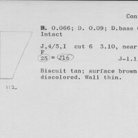Index card with typed and handwritten information, sometimes including a sketch, of pottery from an excavation.
