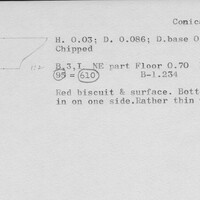 Index card with typed and handwritten information, sometimes including a sketch, of pottery from an excavation.