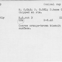 Index card with typed and handwritten information, sometimes including a sketch, of pottery from an excavation.