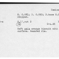 Index card with typed and handwritten information, sometimes including a sketch, of pottery from an excavation.