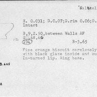Index card with typed and handwritten information, sometimes including a sketch, of pottery from an excavation.