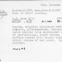 Index card with typed and handwritten information, sometimes including a sketch, of pottery from an excavation.