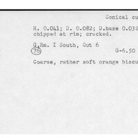 Index card with typed and handwritten information, sometimes including a sketch, of pottery from an excavation.