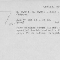 Index card with typed and handwritten information, sometimes including a sketch, of pottery from an excavation.