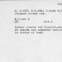 Index card with typed and handwritten information, sometimes including a sketch, of pottery from an excavation.