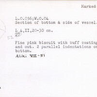 Index card with typed and handwritten information, sometimes including a sketch, of pottery from an excavation.