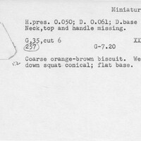 Index card with typed and handwritten information, sometimes including a sketch, of pottery from an excavation.