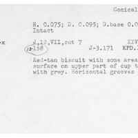 Index card with typed and handwritten information, sometimes including a sketch, of pottery from an excavation.