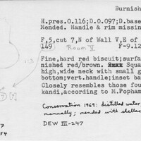 Index card with typed and handwritten information, sometimes including a sketch, of pottery from an excavation.