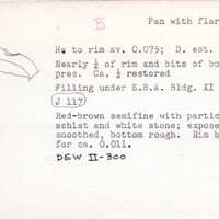 Index card with typed and handwritten information, sometimes including a sketch, of pottery from an excavation.