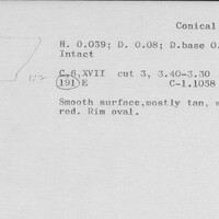 Index card with typed and handwritten information, sometimes including a sketch, of pottery from an excavation.