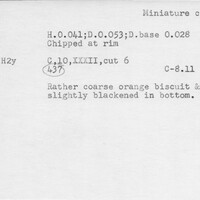 Index card with typed and handwritten information, sometimes including a sketch, of pottery from an excavation.