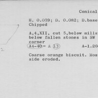 Index card with typed and handwritten information, sometimes including a sketch, of pottery from an excavation.